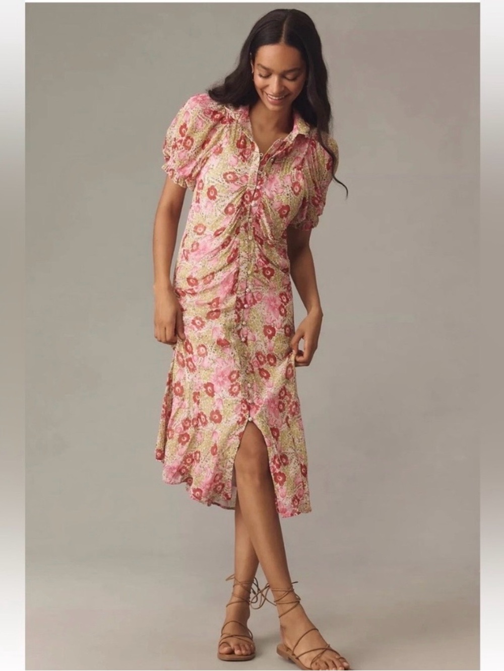 Anthropologie Floral Pink Button-Front Midi Dress
